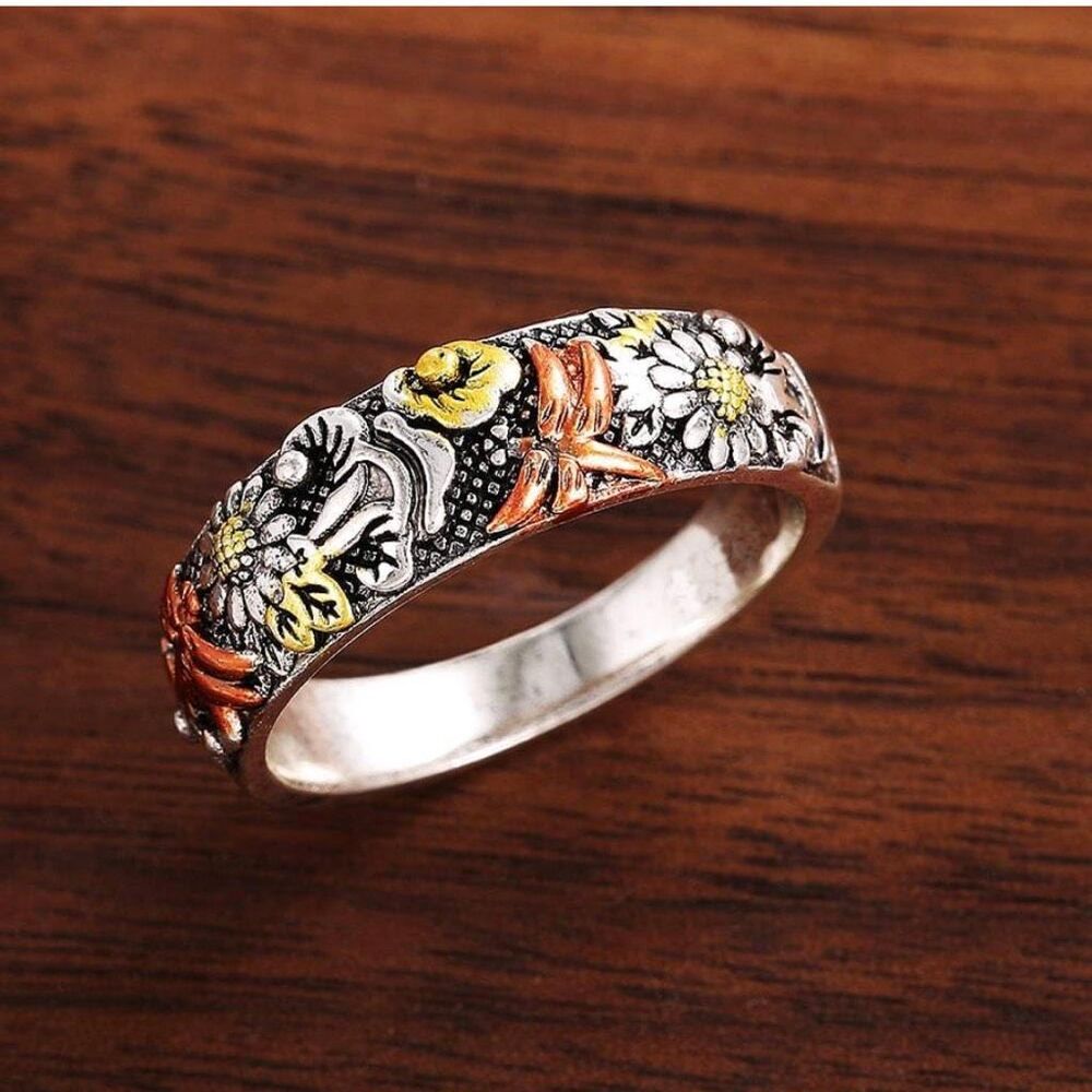 Dragon Fly Flower 925 Ring Size 5.25 BOHO